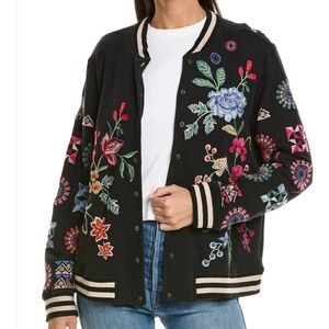 Johnny Was Black Varsity Jacket with Multicolor Embroidery
